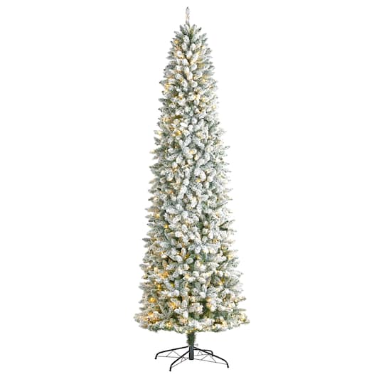 9ft. Pre-Lit Slim Flocked Montreal Fir Artificial Christmas Tree, White LED Lights